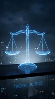 Glowing scales of justice hologram on dark surface with cityscape background, representing digital justice, law, and technology integration for legal concepts.