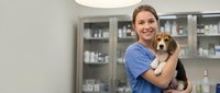Young female veterinarian in blue scrubs holding adorable beagle puppy in modern animal clinic with medical supplies and equipment in background.
