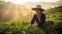 Asian woman farmer harvesting tea leaves in mountain plantation during golden hour sunrise with traditional wicker basket in agricultural landscape.