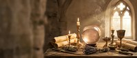 Mystical crystal ball surrounded by burning candles, ancient scrolls, and occult artifacts on wooden table in gothic stone chamber with arched window, evoking witchcraft and divination rituals.