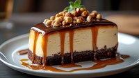 Slice of creamy cheesecake with chocolate brownie base, topped with caramel sauce, melted dark chocolate, and roasted hazelnuts on gray ceramic plate.