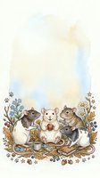Adorable watercolor rats having tea party with flowers and autumn leaves on soft pastel background for greeting cards and nursery decor.