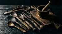Rustic wooden kitchen utensils and mortar with pestle arranged on weathered cutting board against dark wooden background for culinary cooking concepts.