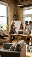 Diverse team of four professionals collaborating in modern loft office with exposed brick walls, whiteboard, laptops and natural light from large windows, suitable for business, teamwork and corporate training content.