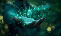 Magical glowing hologram of human figure floating above open palm with sparkling light particles against dark green bokeh background. For fantasy or technology concepts.