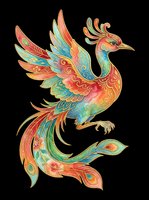 Colorful ornamental phoenix with vibrant feathers in red, orange, blue, and green tones. Isolated on transparent background, ready for t-shirts, stickers, clipart, and print-on-demand designs.