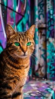 Tabby cat with striking green eyes against vibrant street art graffiti wall in purple and turquoise tones. Urban pet portrait.