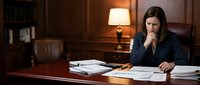 Professional businesswoman working late in executive office with documents and warm lighting for corporate presentations.