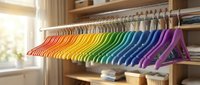 Colorful rainbow hangers arranged in spectrum order on closet rod creating organized wardrobe storage solution for home organization and decluttering.