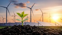 Green plant seedling growing from soil with wind turbines and solar panels in background at sunset representing renewable energy and sustainability.