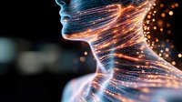 Glowing orange light trails form female profile silhouette against dark background, depicting technology and artificial intelligence concept with luminous effects.