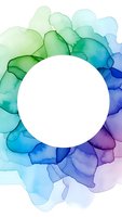 Abstract watercolor circle frame with flowing organic shapes in rainbow gradient colors from green to blue purple on white background.
