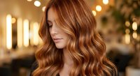 Young woman with long wavy auburn hair and golden highlights in warm salon lighting. Professional hairstyling and hair color treatment concept.