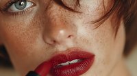 Close-up portrait of young Caucasian woman with freckles and red lipstick. Natural beauty concept for cosmetics and skincare advertising campaigns.