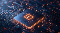Glowing microprocessor on circuit board with orange light effects and digital pathways. Modern computer chip technology with illuminated connections.