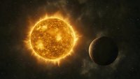 Glowing sun with fiery surface and solar flares illuminating a nearby planet against the backdrop of deep space with distant stars.