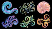 Six colorful swirl and floral ornament clipart elements isolated on transparent background, ready for stickers, t-shirt design, sublimation, and print on demand use.