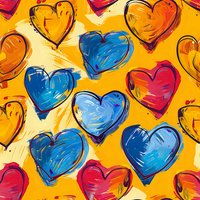 Colorful hearts pattern with brush stroke effect on yellow background. Red, blue and orange hearts create dynamic seamless repeat for fabric, wallpaper, wrap design.