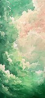 Soft watercolor abstract background in emerald green and blush pink tones with organic flowing patterns and delicate line work creates dreamy atmospheric effect.
