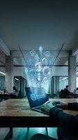 Digital transformation concept with laptop displaying holographic cloud computing icons and data visualization in modern office workspace.