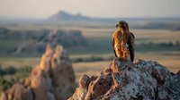 Majestic hawk perched on rocky mountain peak at sunset, overlooking vast wilderness landscape. Golden sunlight illuminates feathers against dramatic natural backdrop.