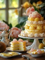 Layered cream cake with yellow lemon curd, meringue kisses and pink macarons on cake stand. Elegant dessert table setting with floral background and vintage teapot.