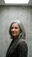 Mature woman with long gray hair wearing a charcoal blazer, positioned against a concrete wall with overhead lighting, suitable for corporate portraits and professional headshots.