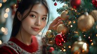 Young Asian woman in red sweater decorating Christmas tree with gold and red ornaments against soft bokeh lights creating festive holiday atmosphere.