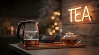 Boiling glass electric kettle and teapot with brewed tea on wooden tray, glowing neon TEA sign on rustic wall, cozy kitchen atmosphere.