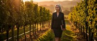 Professional blonde businesswoman walking through vineyard rows at golden hour sunset with warm lighting and mountain backdrop for wine industry concepts.