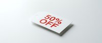 White price tag with bold red 50% OFF text on light background, perfect for retail sale promotions, discount campaigns, and shopping events.