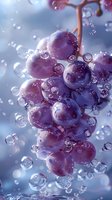 Fresh purple grapes underwater with bubbles rising around them, creating a dreamy, ethereal atmosphere for food and beverage marketing.