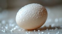 Fresh brown chicken egg covered in water droplets on textured surface with soft focus background, creating minimalist culinary composition.