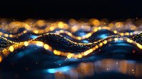 Abstract waves of glowing golden and blue light particles flowing on dark background, creating magical bokeh effect with blurred sparkles and motion.