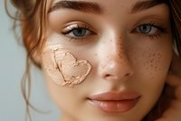 Close-up beauty portrait of young Caucasian woman with natural freckles and heart-shaped foundation or concealer swatch on cheek, demonstrating skincare and makeup application.
