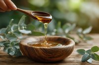 Golden honey dripping from wooden spoon into bowl with eucalyptus leaves on rustic table for natural wellness and organic food concepts.