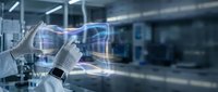 Robotic hand with white glove manipulating holographic digital interface displaying blue grid pattern in modern industrial laboratory setting, representing artificial intelligence and automation technology.