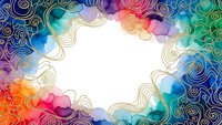 Colorful watercolor frame with golden swirls and decorative patterns creating elegant border on white background for invitations and design projects.