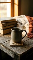 Rustic ceramic mug on a welcome coaster, stacked books and knit blanket by a sunny window, cozy hygge home atmosphere.