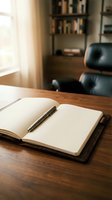 Open notebook with pen on wooden desk in modern office workspace with bookshelves and leather chair, suitable for business, education, and professional planning projects.