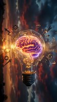 Glowing brain inside lightbulb with energetic particles and fire, representing innovation, creativity, and intelligent ideas for business and technology concepts.
