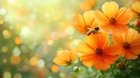 Orange cosmos flowers blooming in sunny garden with soft bokeh background and warm golden light creating peaceful natural atmosphere for wellness content.