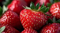 Fresh ripe strawberries with green leaves in macro view showing detailed texture, seeds and natural glossy surface. Organic healthy fruit background.