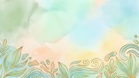 Soft watercolor background with pastel green, blue, and peach tones, adorned with golden floral and swirl ornaments along the bottom border.