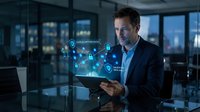 Mature male professional in business attire holding tablet with glowing digital security icons and network connections displayed, representing cybersecurity, data protection, and technology innovation in modern office setting.