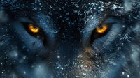 Mysterious glowing orange eyes of wolf in darkness with falling snow, creating dramatic contrast between cold blue tones and warm amber glow. For fantasy designs.