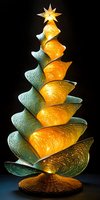 Abstract glass Christmas tree sculpture with golden illumination and star topper on dark background for holiday decorations and seasonal designs.
