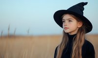 Young woman in black witch hat and sweater looking thoughtfully into distance against autumn field background during golden hour sunset lighting.