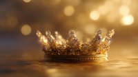 Ornate golden crown with jewels and intricate metalwork details resting on reflective surface against warm bokeh background, symbolizing royalty, power and luxury.