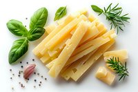 Fresh sliced parmesan cheese with aromatic herbs, basil leaves, garlic clove and peppercorns on white background, top view food photography.